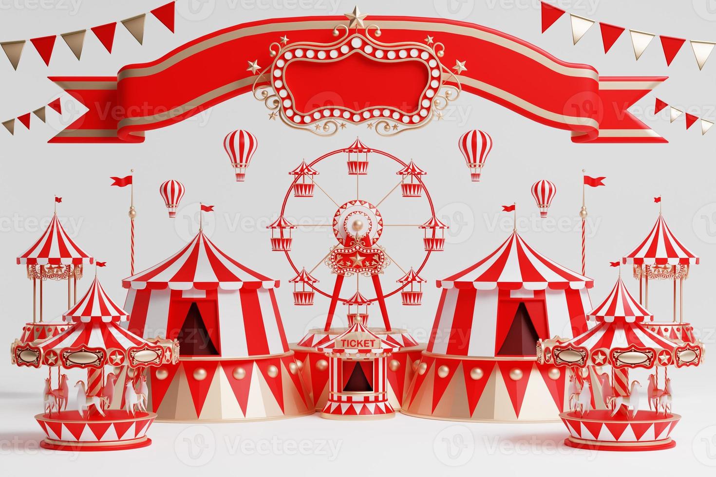 3d amusement park, circus, carnival fair theme podium with many rides and shops circus tent 3d illustration photo