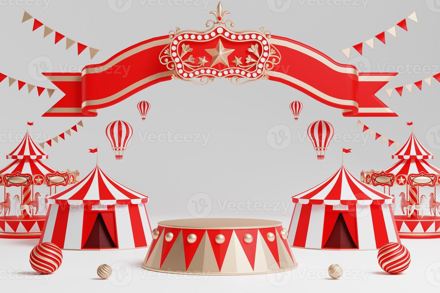 3d amusement park, circus, carnival fair theme podium with many rides and shops circus tent 3d illustration photo