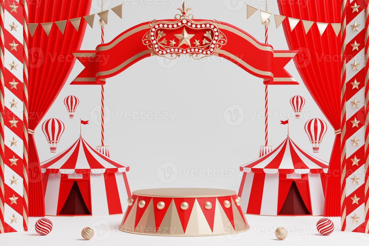 3d amusement park, circus, carnival fair theme podium with many rides and shops circus tent 3d illustration photo