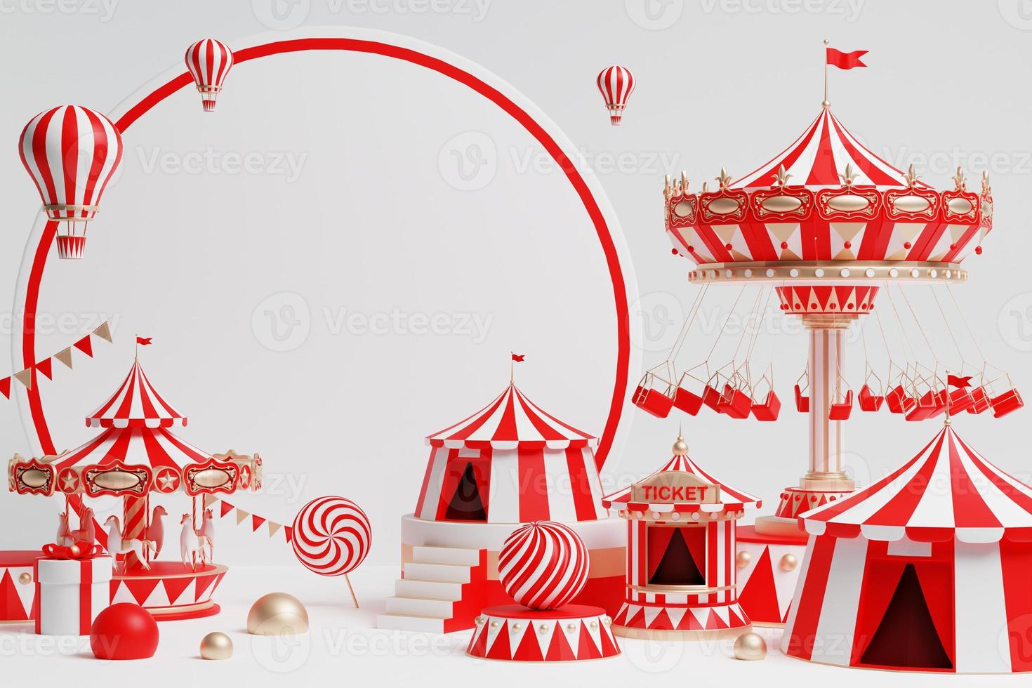 Parque de atracciones 3d, circo, podio temático de feria de carnaval con muchas atracciones y tiendas carpa de circo ilustración 3d foto