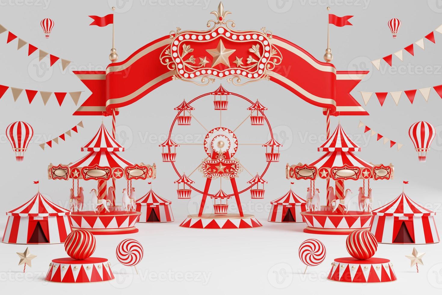 3d amusement park, circus, carnival fair theme podium with many rides and shops circus tent 3d illustration photo