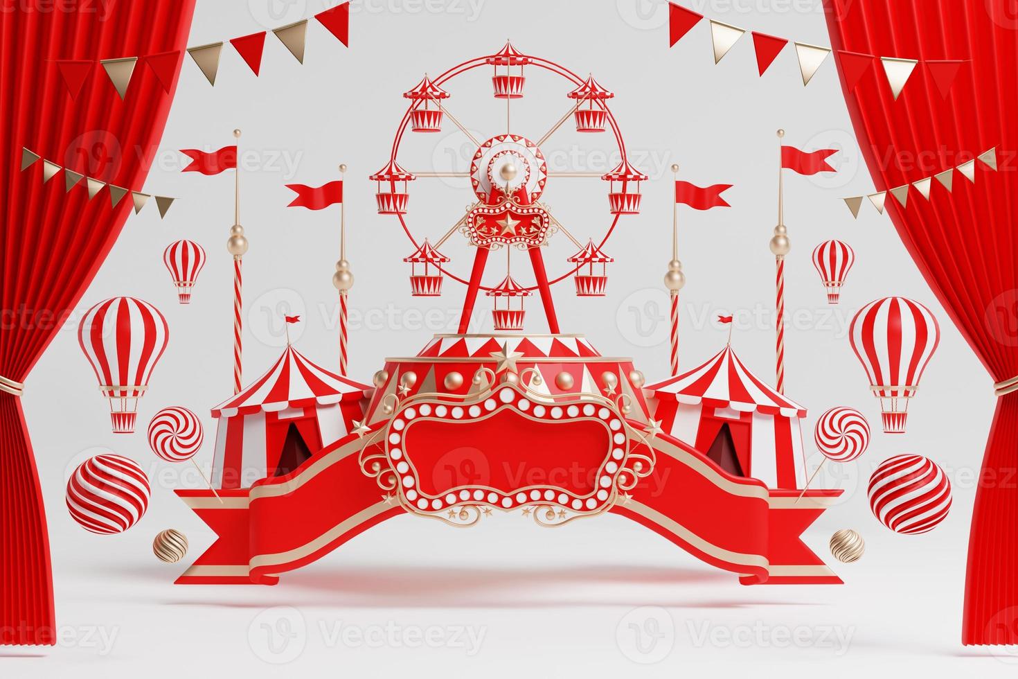 3d amusement park, circus, carnival fair theme podium with many rides and shops circus tent 3d illustration photo