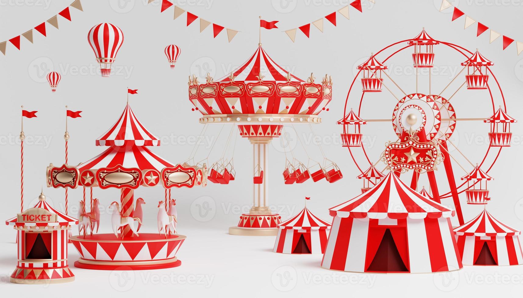 3d amusement park, circus, carnival fair theme podium with many rides and shops circus tent 3d illustration photo