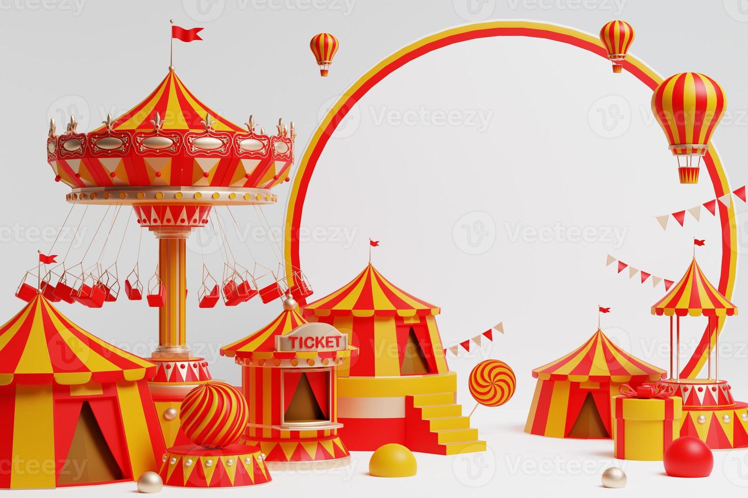 3d amusement park, circus, carnival fair theme podium with many rides and shops circus tent 3d illustration photo