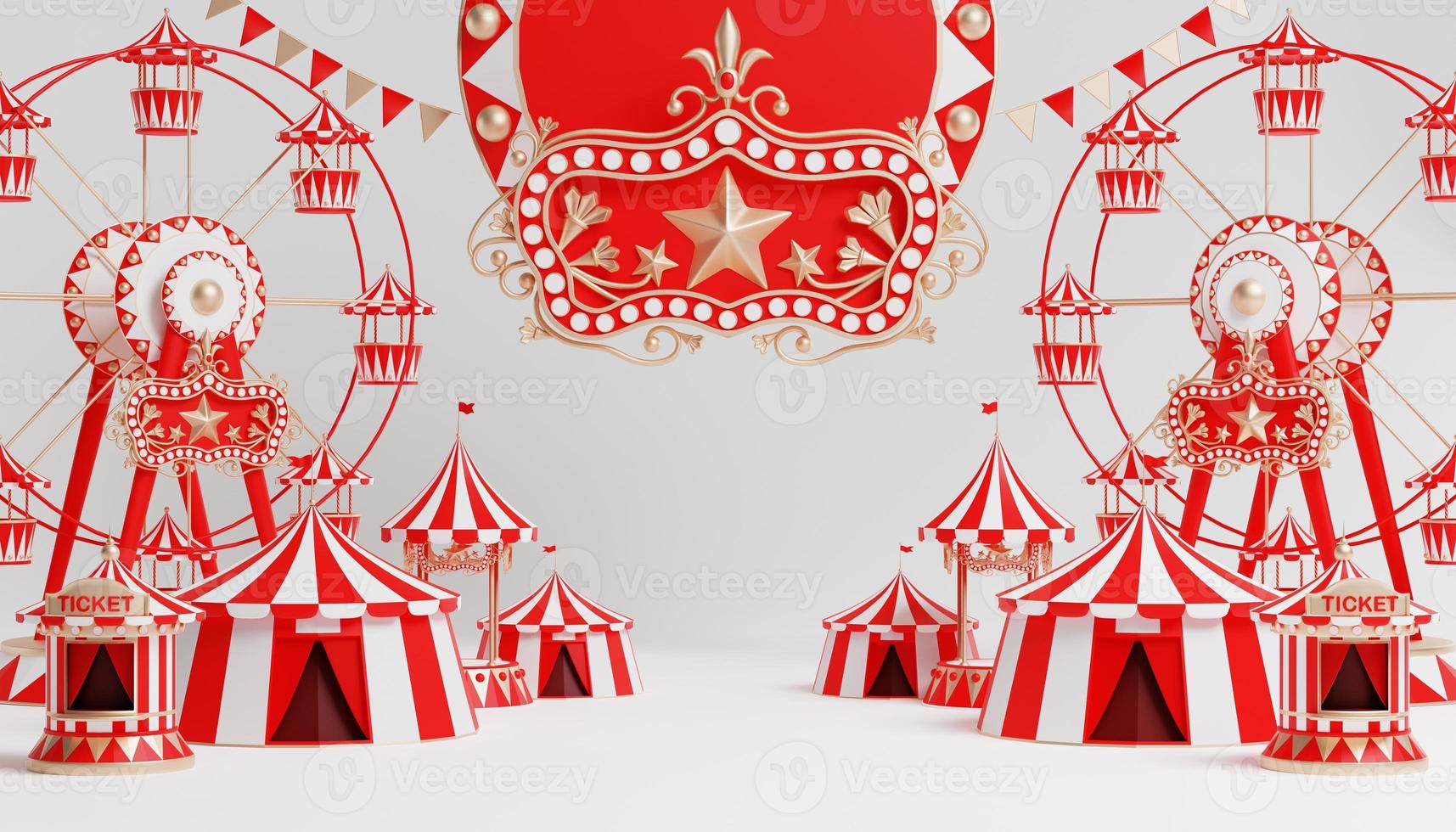 3d amusement park, circus, carnival fair theme podium with many rides and shops circus tent 3d illustration photo