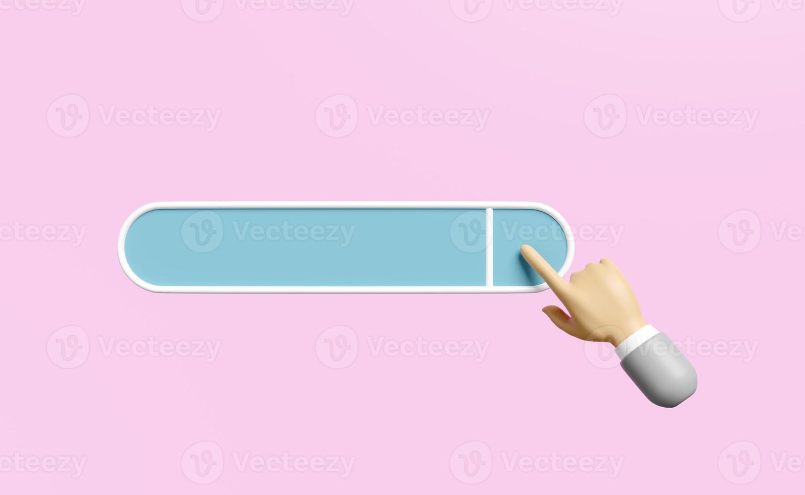 3d search bar blank with cartoon finger, hand businessman isolated on pink background. minimal web search engine or web browsing concept, 3d render illustration, clipping path photo