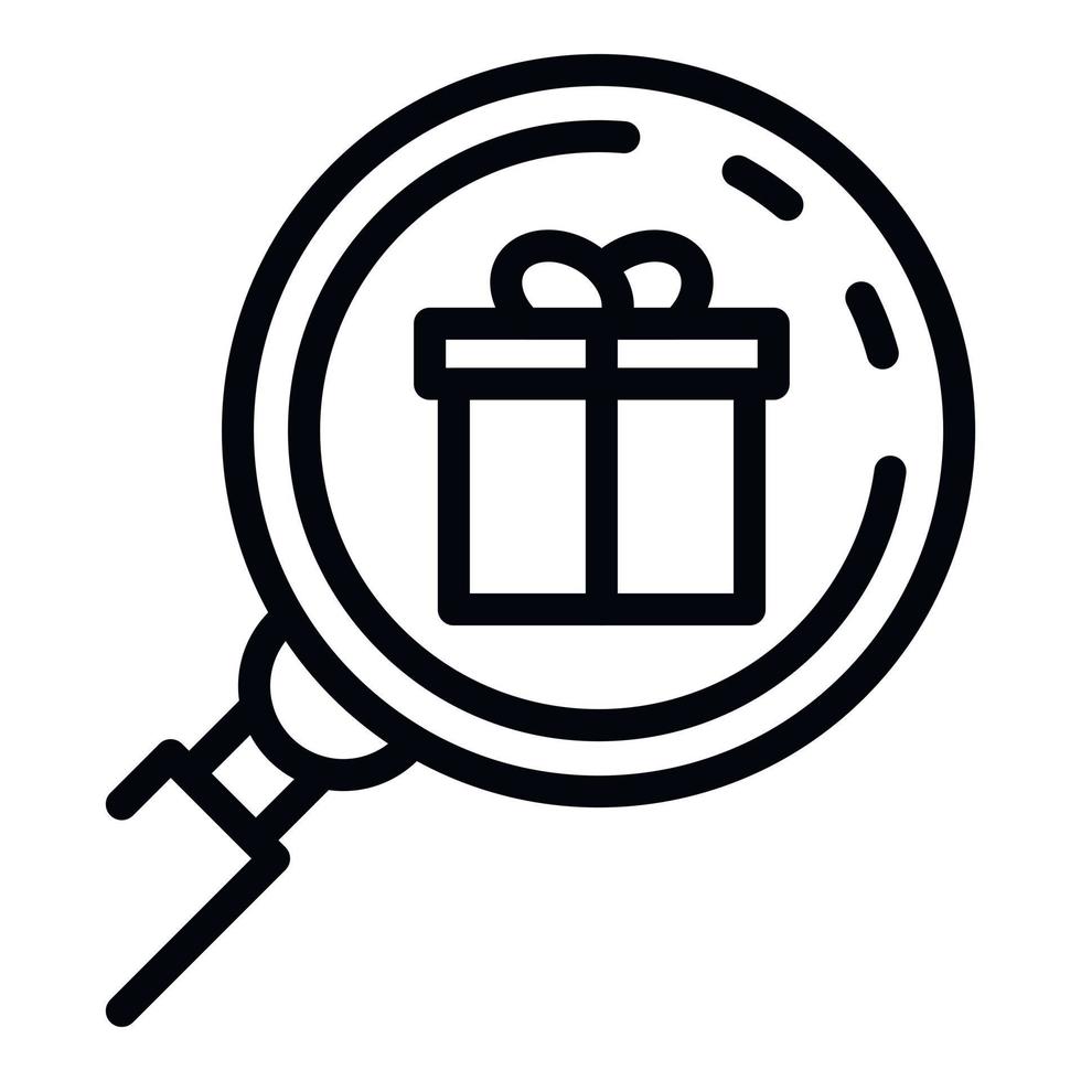 Gift box magnifier icon, outline style vector