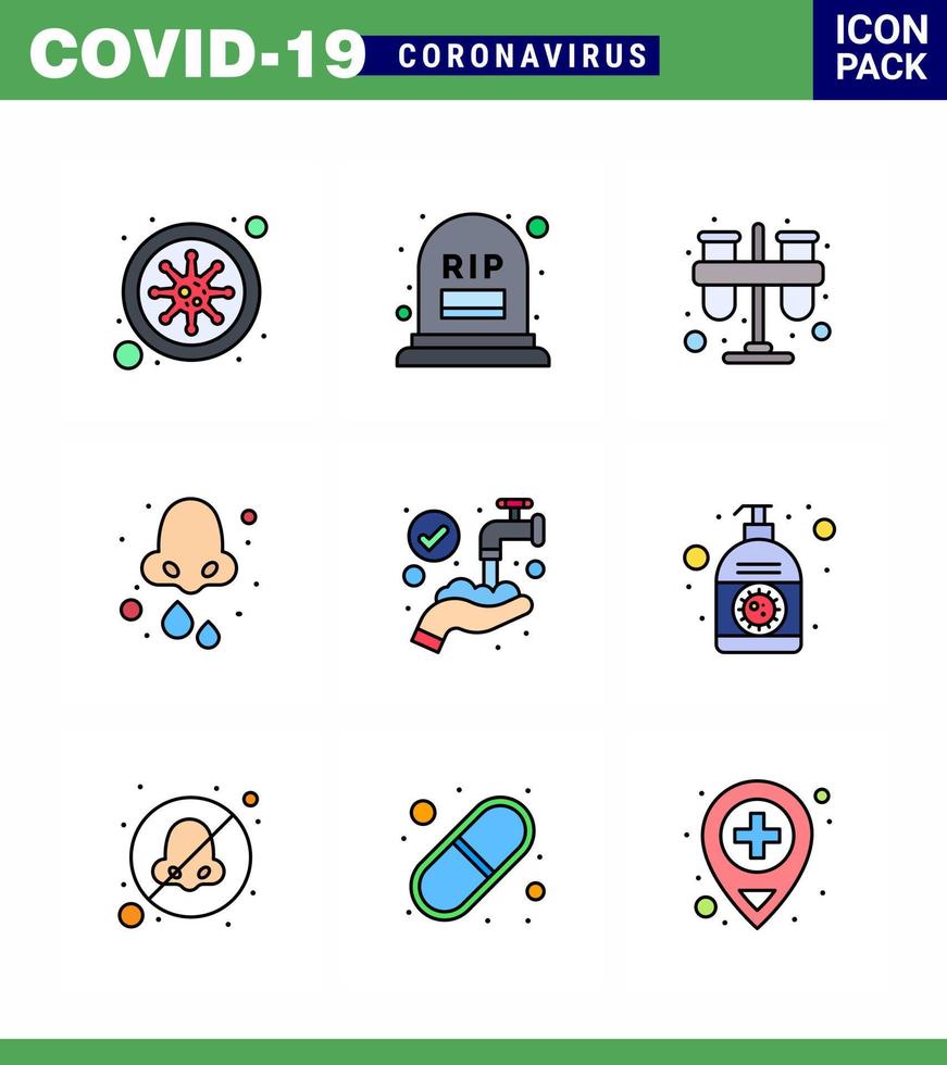 conjunto de iconos covid19 para el paquete de color plano infográfico de 9 líneas rellenas, como pruebas de gotas nasales, tubos fríos, coronavirus viral 2019nov, elementos de diseño de vectores de enfermedades