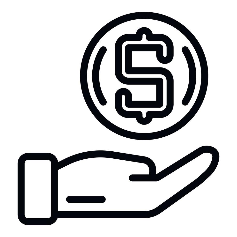 icono de moneda sobre la palma, estilo de esquema vector