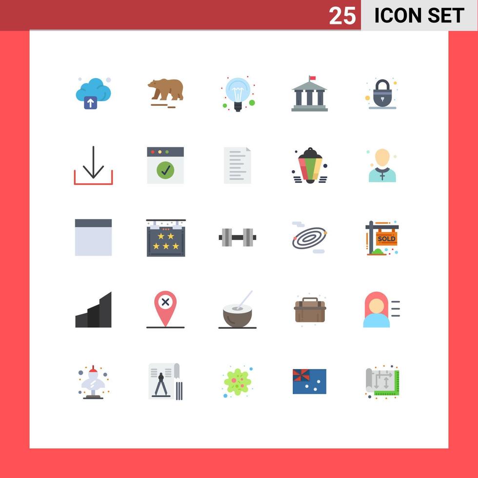 25 User Interface Flat Color Pack of modern Signs and Symbols of padlock usa electricity american bank Editable Vector Design Elements