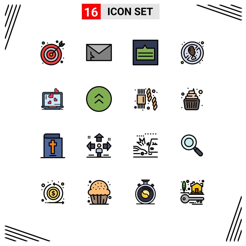 16 Thematic Vector Flat Color Filled Lines and Editable Symbols of laptop food grid diet wireframe Editable Creative Vector Design Elements