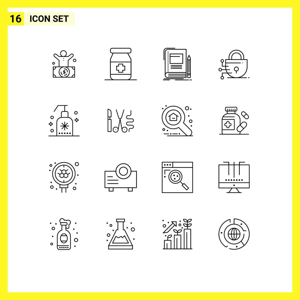 Pack of 16 Modern Outlines Signs and Symbols for Web Print Media such as foam technology book lock school Editable Vector Design Elements