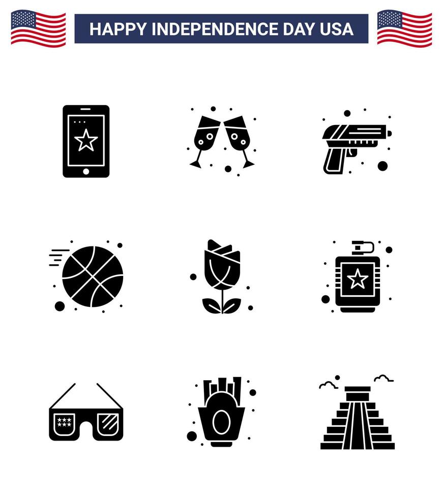 Group of 9 Solid Glyphs Set for Independence day of United States of America such as plent imerican security flower ball Editable USA Day Vector Design Elements