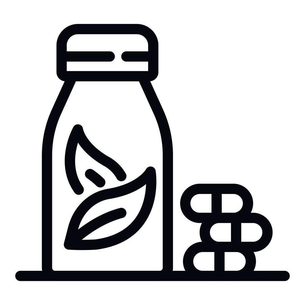 pastillas y botella con icono de hojas, estilo de esquema vector