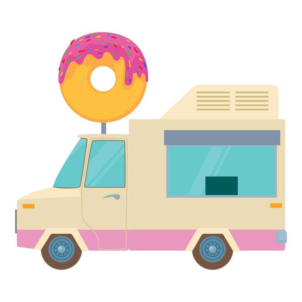 Fast food trailer with donut icon, cartoon style vector
