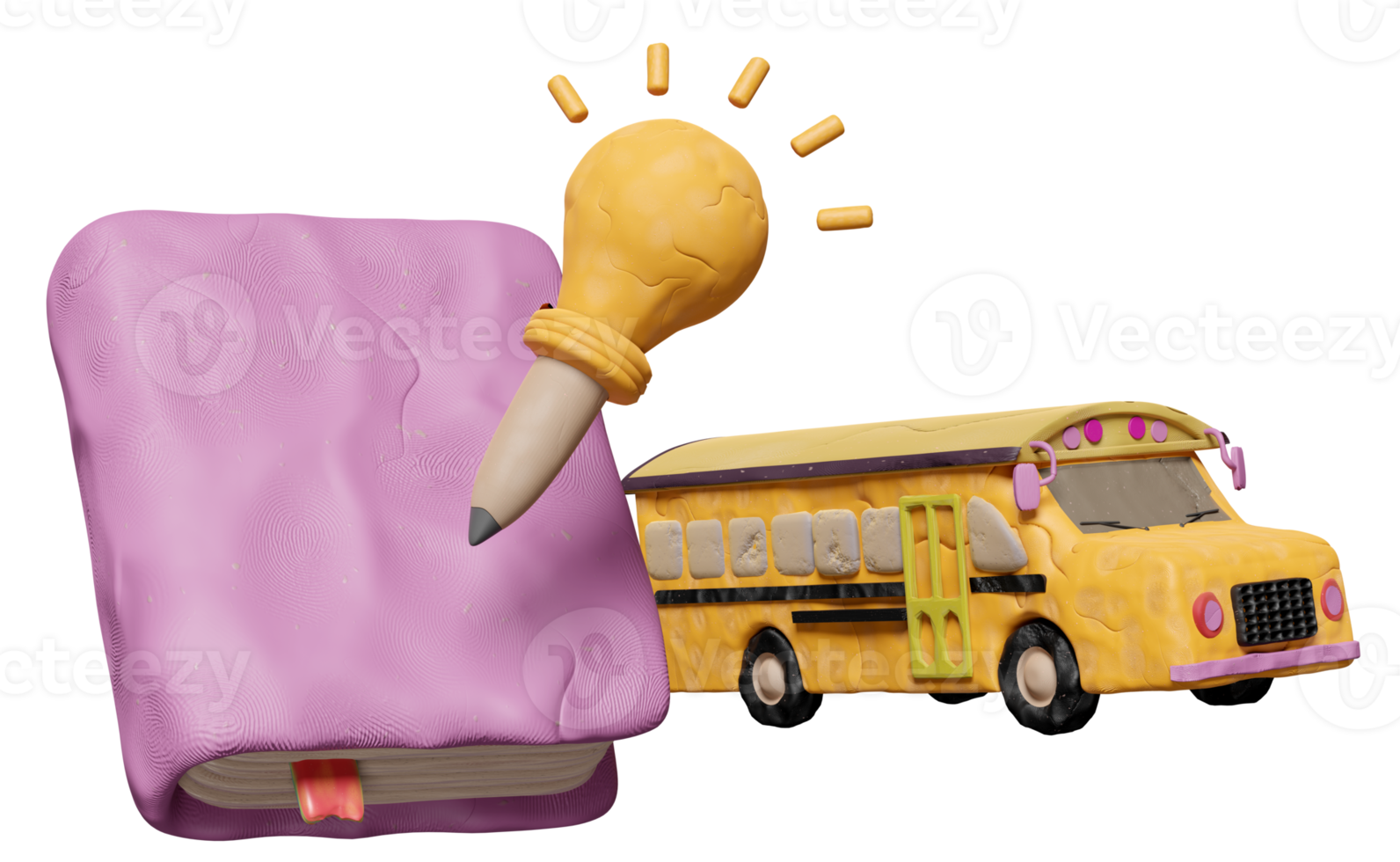 3d textbook plasticine, close book with school bus, light bulb, pencil clay isolated. idea tip education, knowledge creates ideas, clay toy icon concept, 3d render illustration png