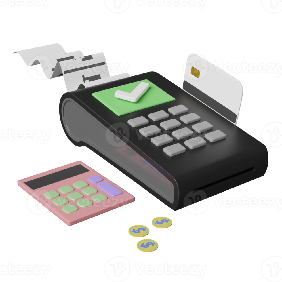 máquina de pago o terminal pos, pago electrónico de facturas y tarjeta de crédito con factura o recibo de cheque en papel, calculadora, moneda aislada. ilustración 3d o renderizado 3d png