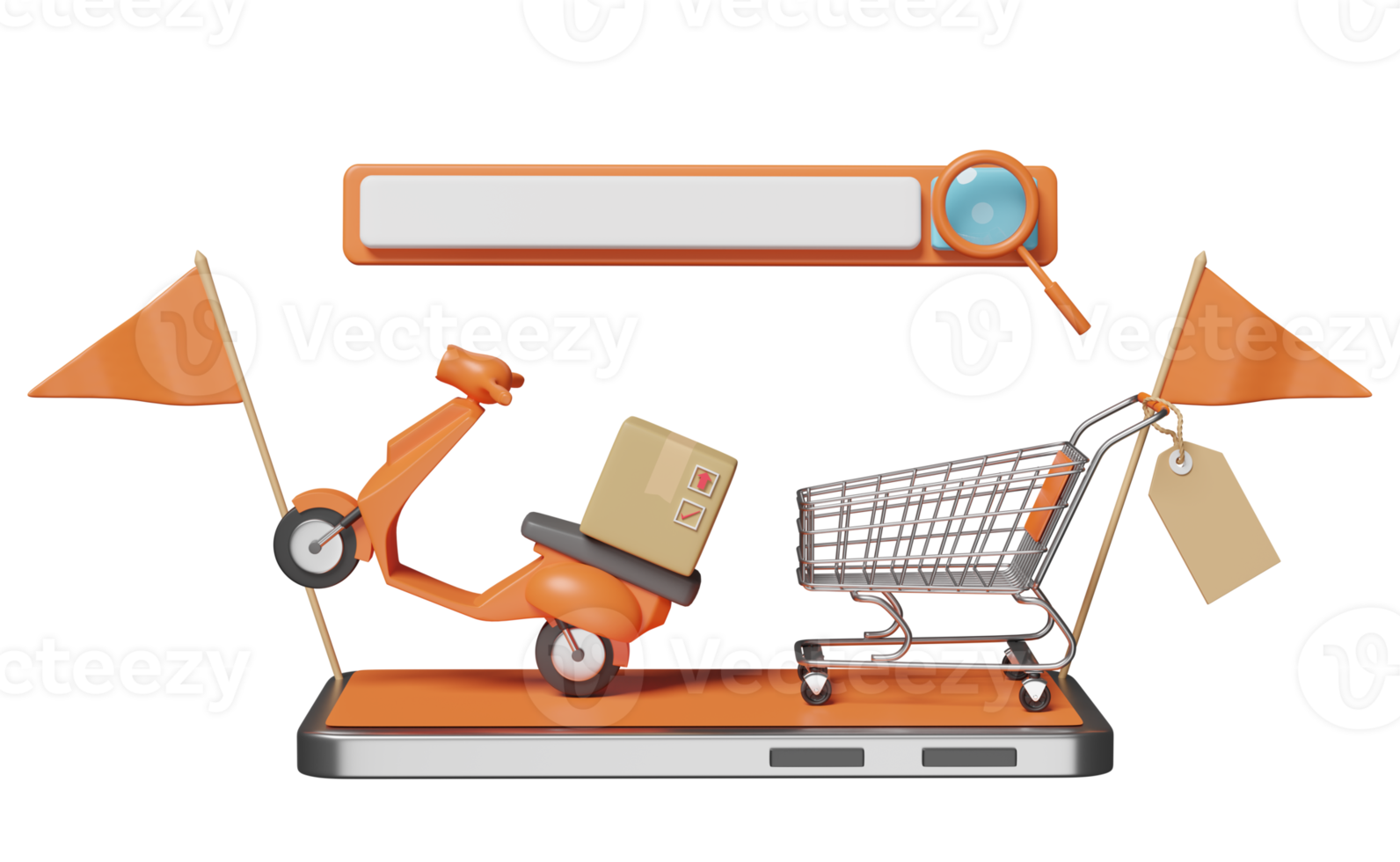 mobile Telefono, smartphone con ricerca sbarra, ingrandimento, shopping carrello, bandiera, prezzo tag, scooter isolato. ricerca motore, ragnatela navigazione, in linea shopping concetto, 3d illustrazione o 3d rendere png