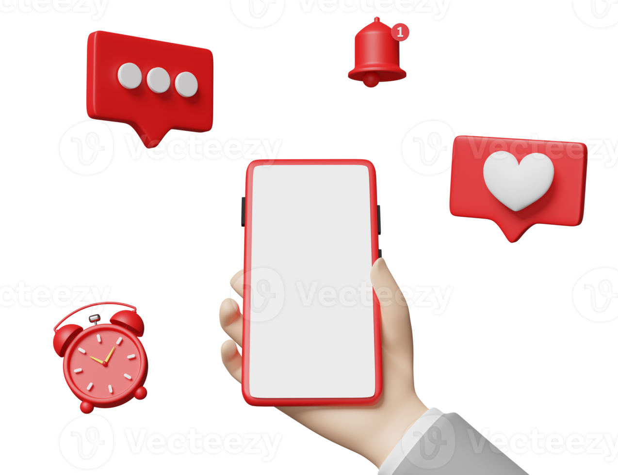 hands holding mobile phone, smartphone with like heart icons, social media, like notifications, clock ,bell, health love, world heart day, valentine's day concept, 3d illustration, 3d render png