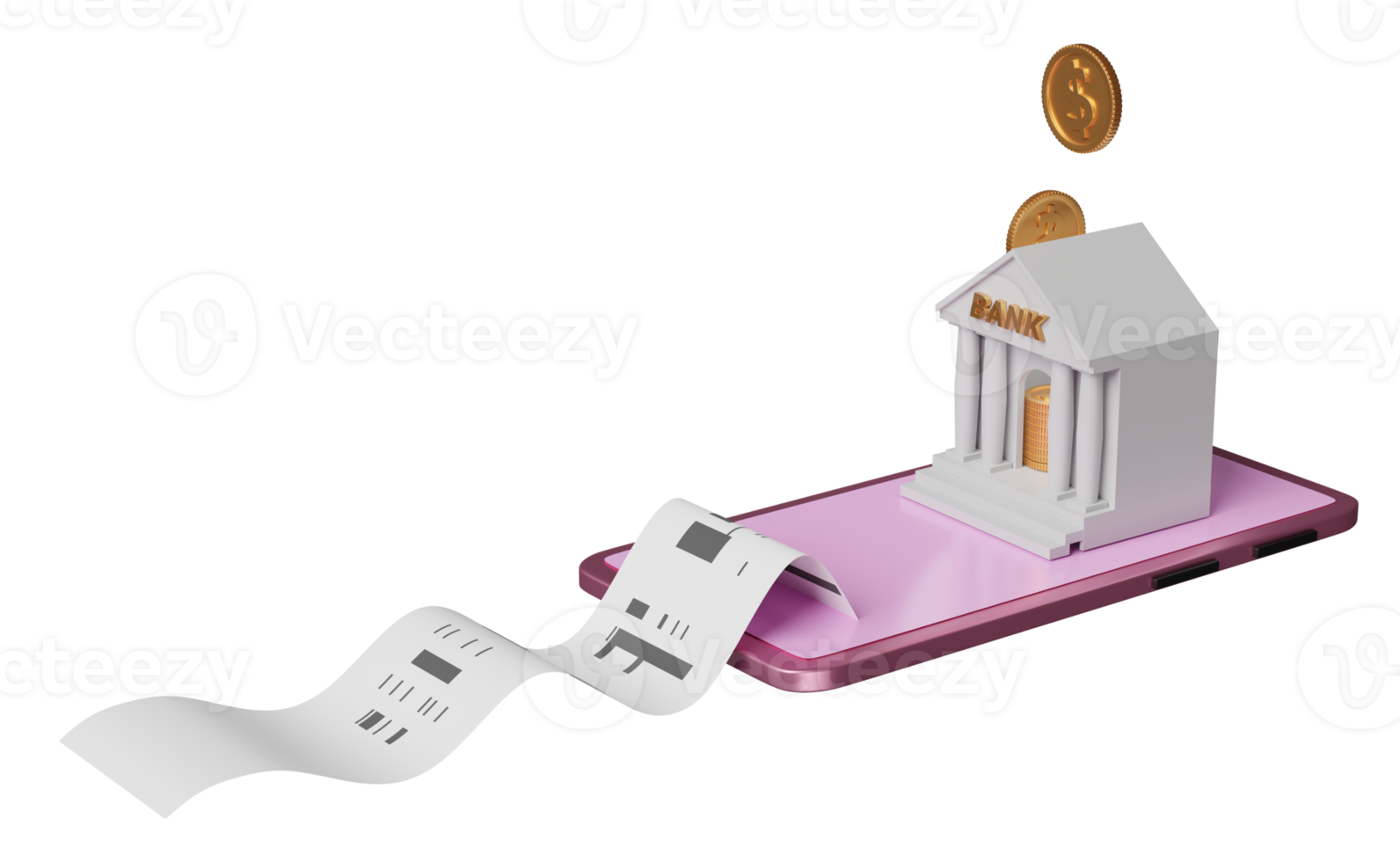 teléfono móvil, teléfono inteligente violeta con monedas, banco o edificio de oficinas de impuestos, factura, recibo en papel, pago electrónico de facturas aislado. concepto de ahorro de dinero, ilustración 3d, presentación 3d png