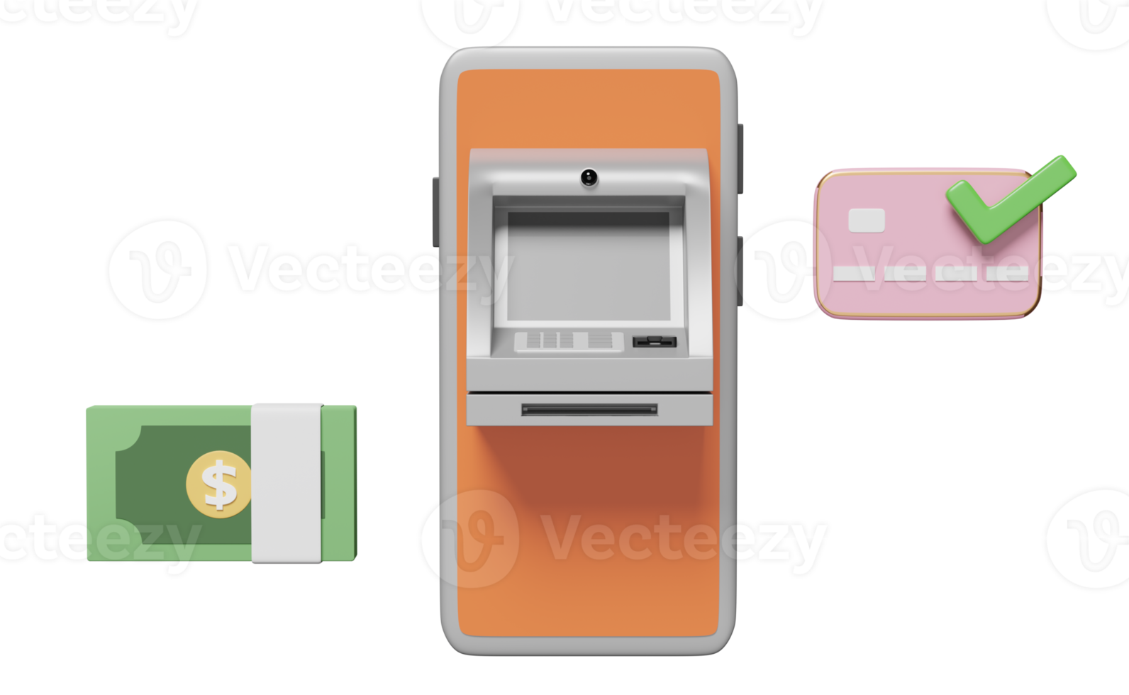 retiro de efectivo con transacción de cajero automático, billete, teléfono móvil con marca de verificación, teléfono inteligente, tarjeta de crédito aislada. Ilustración 3d, representación 3d png