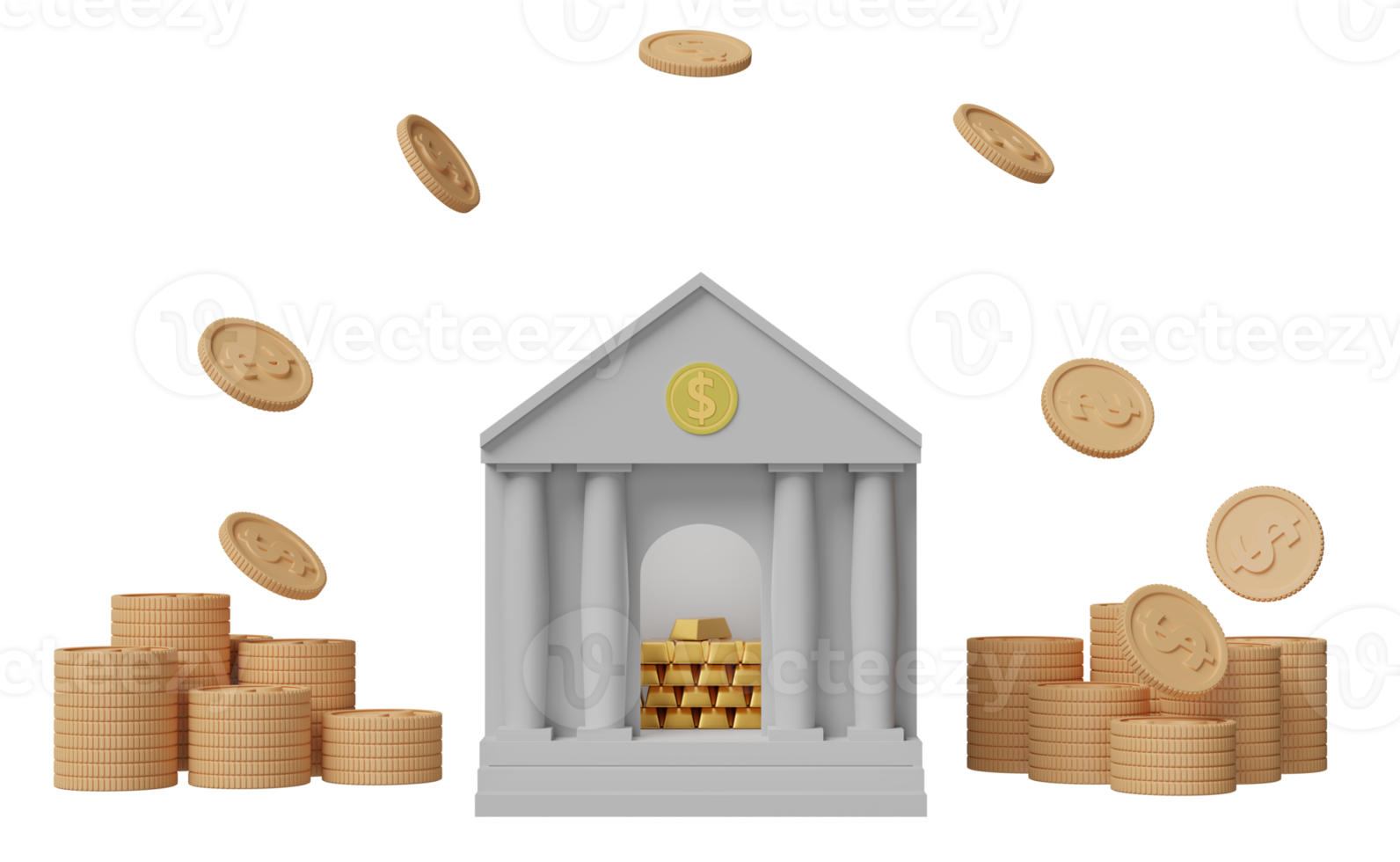 edificio de banco o oficina de impuestos con barra de oro, moneda de dólar aislada. concepto de ahorro de dinero, ilustración 3d, presentación 3d png