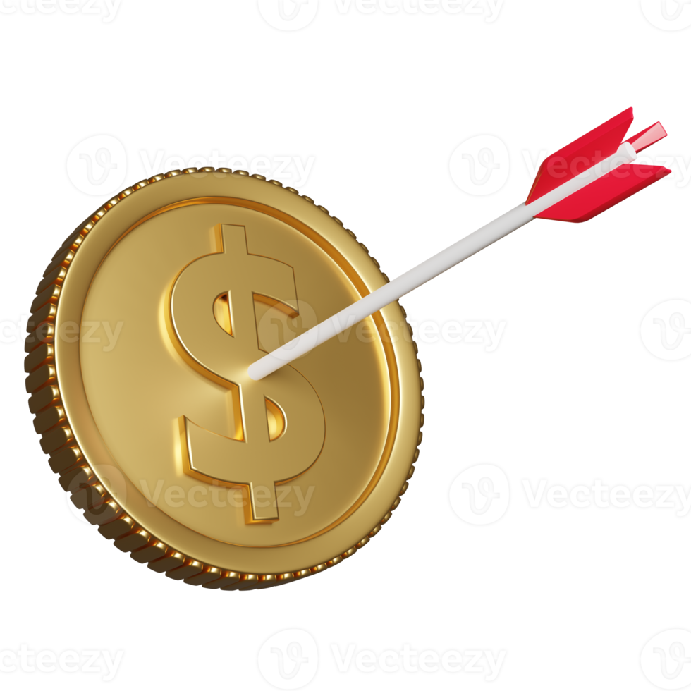 objetivo de dinero de monedas de dólar con dardos o flecha aislado. concepto de objetivo empresarial, ilustración 3d o presentación 3d png