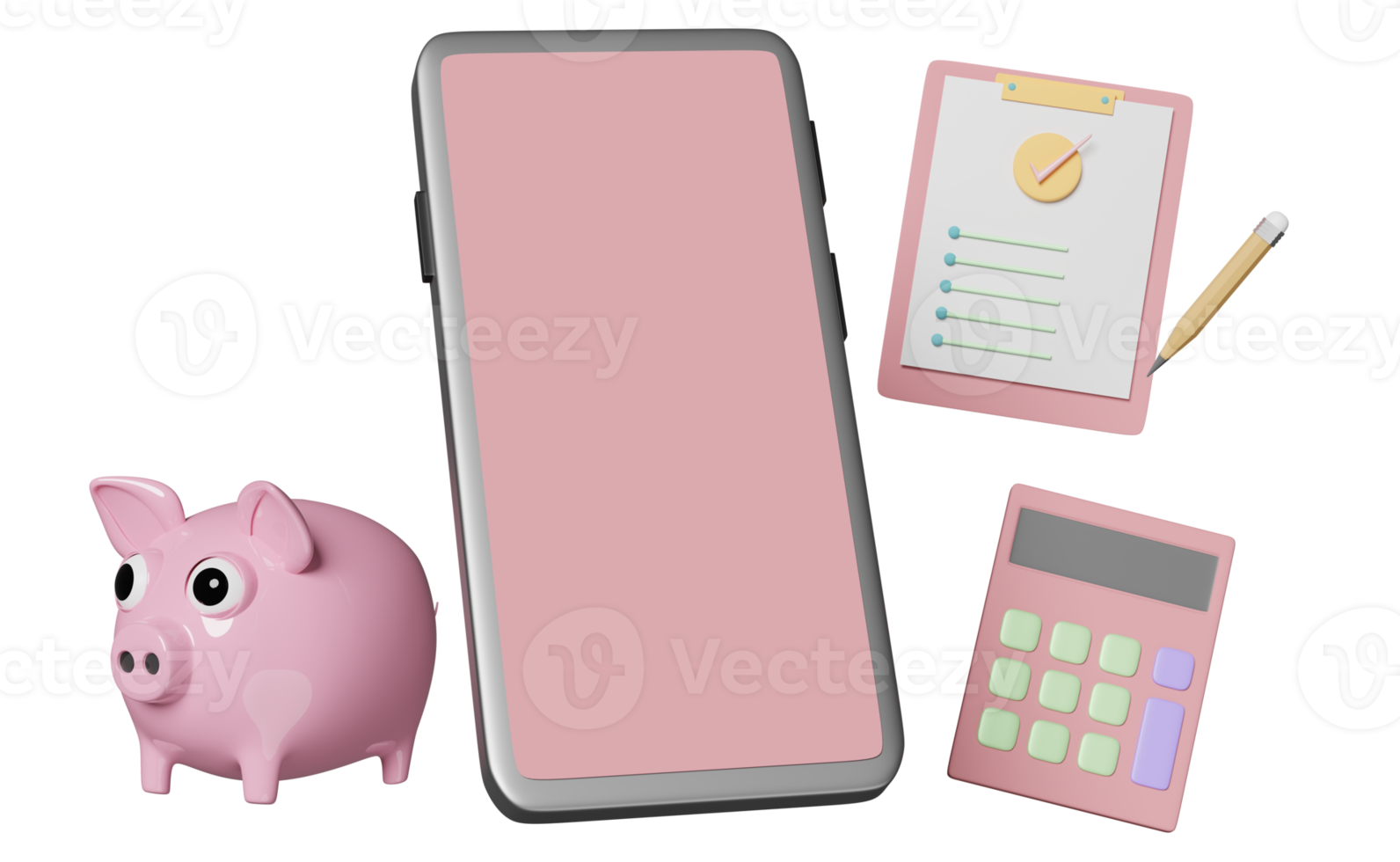 mobile phone, pink smartphone with piggy bank and check list  clipboard, pencil, calculator, check mark isolated. concept 3d illustration or 3d render png