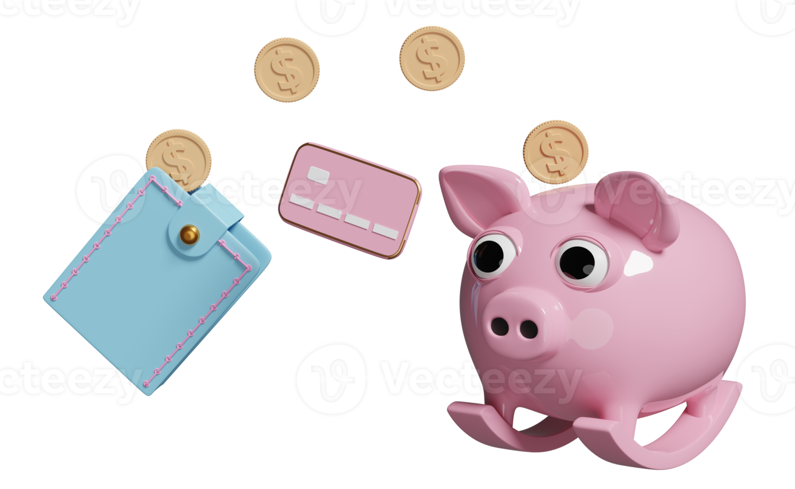 wallet and piggy bank with credit card, coins isolated. saving money concept, 3d illustration or 3d render png