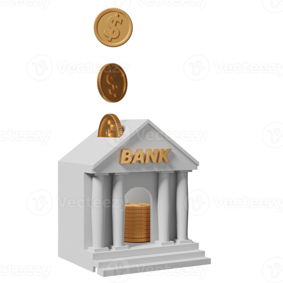 banque ou immeuble de bureaux fiscaux avec des pièces d'un dollar d'or isolées. financement bancaire, concept d'échange d'argent, illustration 3d ou rendu 3d png