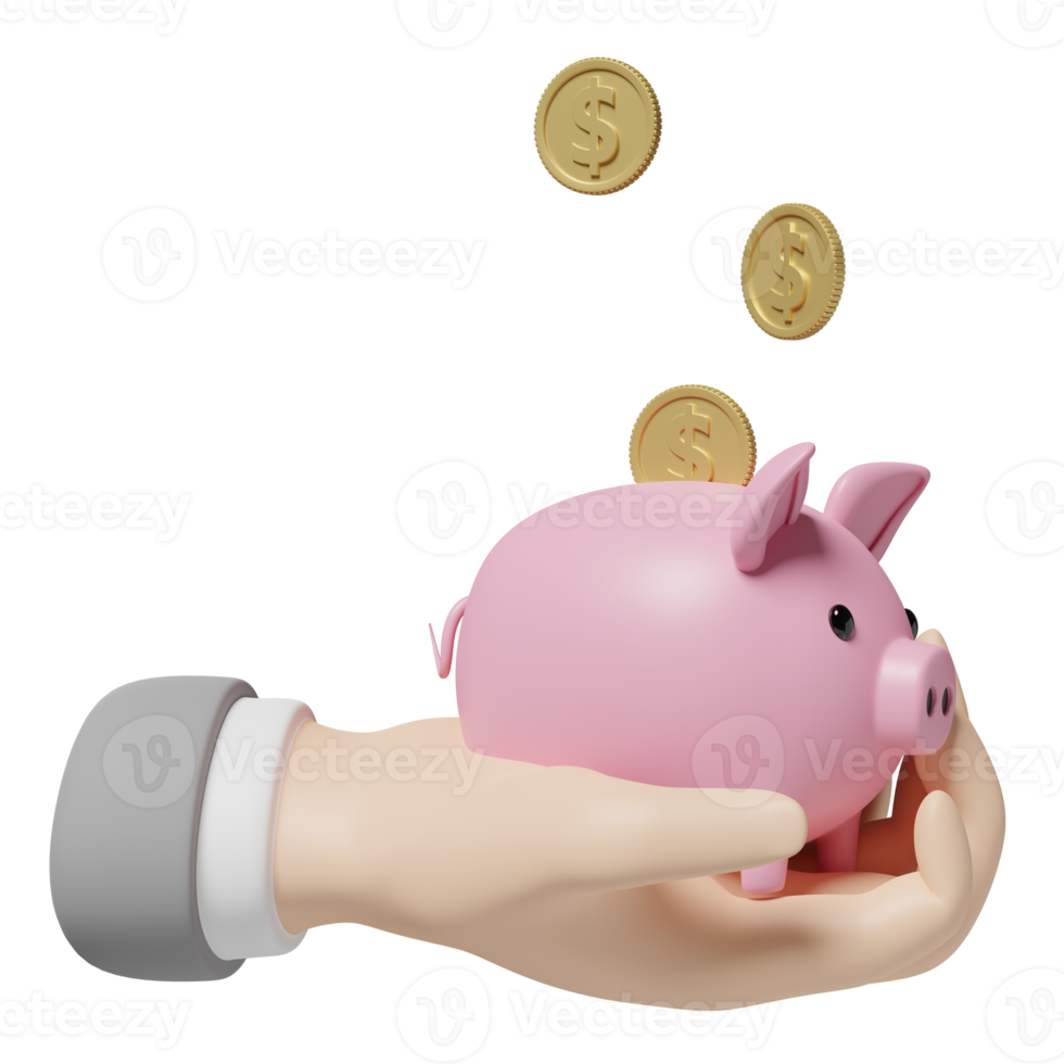 businessman hands holding pink piggy bank with gold coins money isolated. saving money concept, 3d illustration or 3d render png