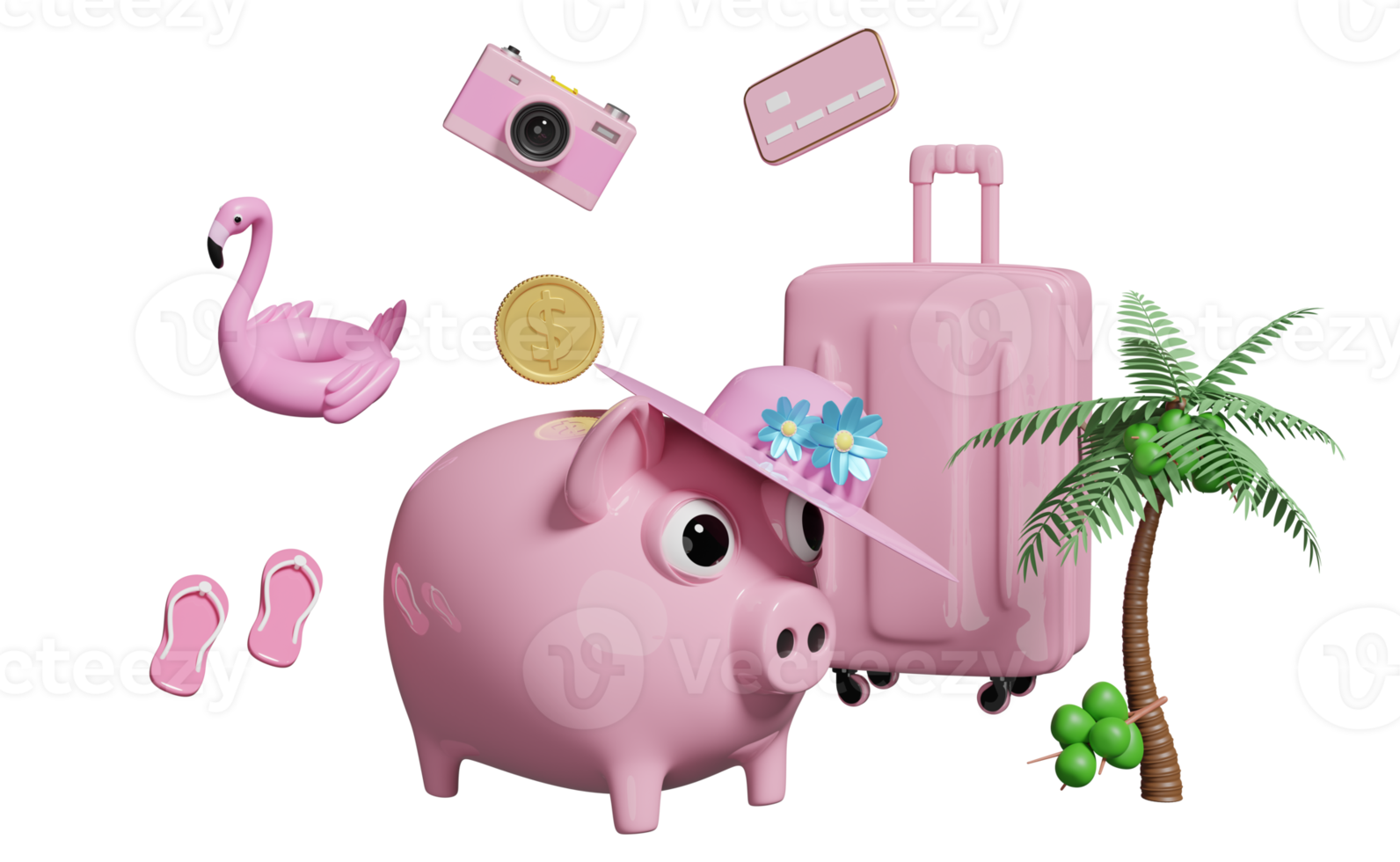 pink piggy bank with coconut, suitcase, camera, Inflatable flamingo, credit card, sandals, hat, coin isolated. save money for summer travel vacation concept, 3d illustration, 3d render png