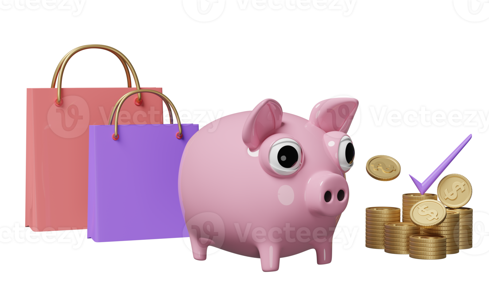 cofrinho rosa com moedas, cheque, sacolas de papel de compras isoladas. economizando o conceito de dinheiro, ilustração 3d ou renderização 3d png