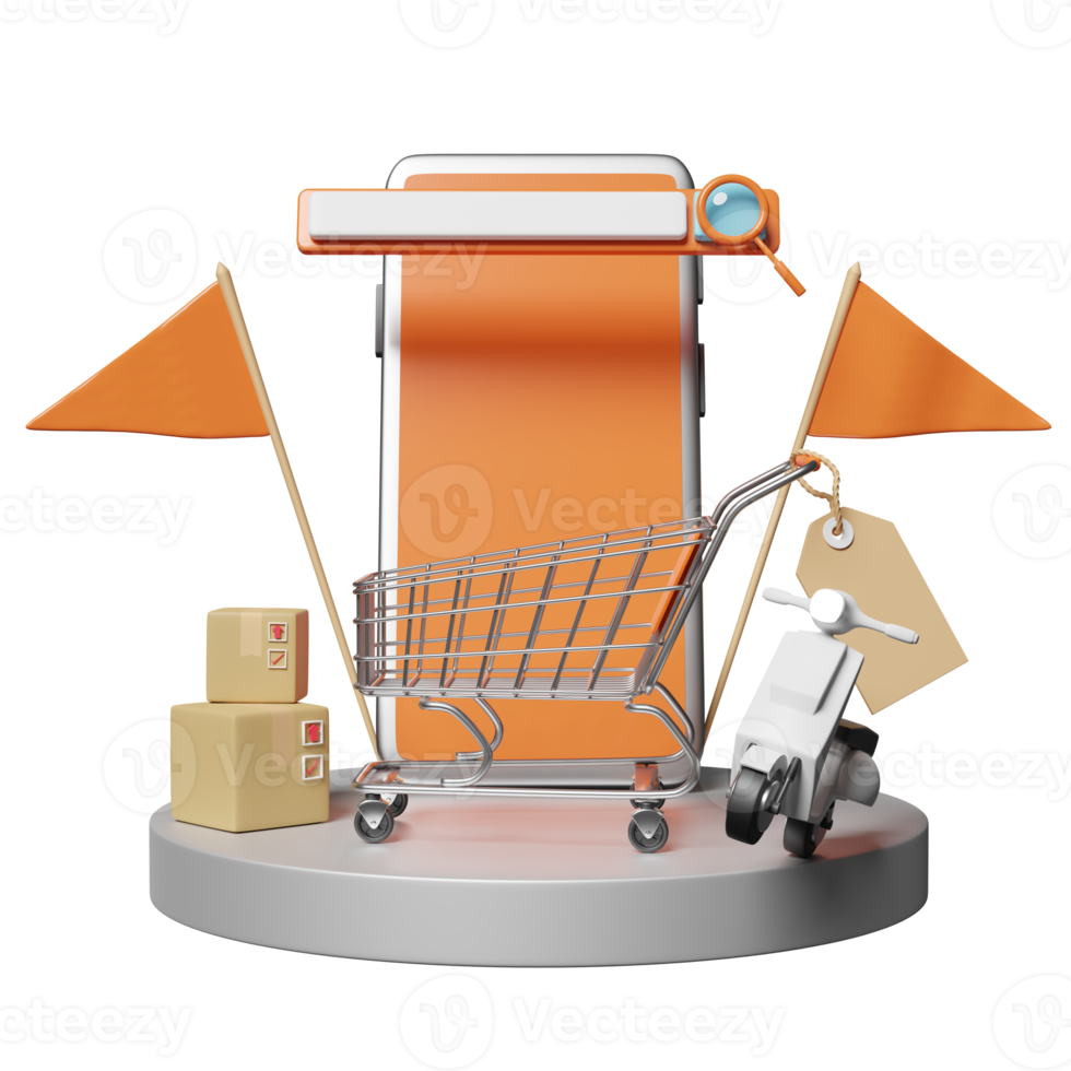 mobile phone, smartphone with stage podium, search bar, magnifying, shopping cart, flag, price tags, scooter isolated. search engine, online shopping concept, 3d illustration or 3d render png