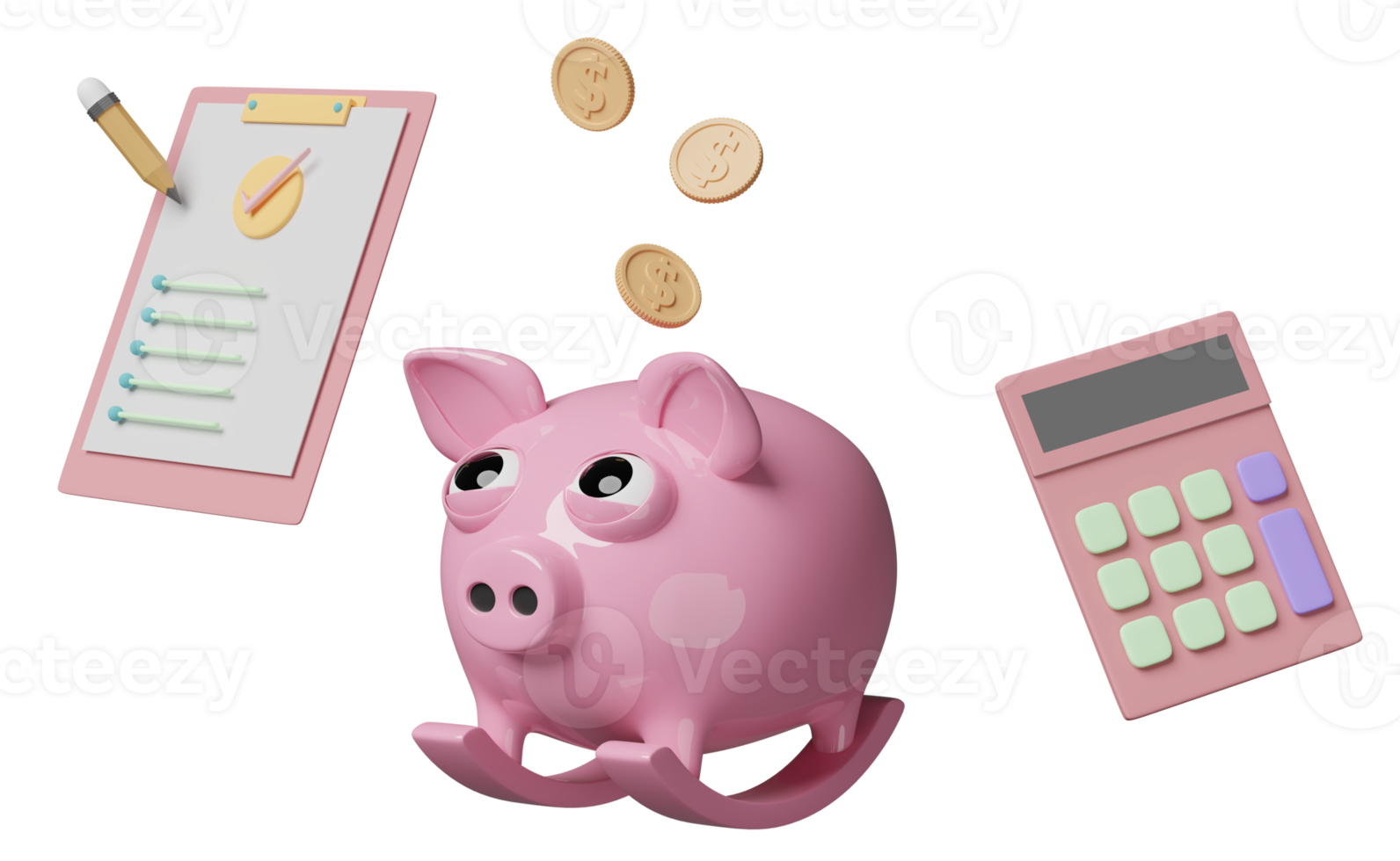 piggy bank and check list with clipboard, pencil, calculator, check mark, coin isolated. concept 3d illustration or 3d render png