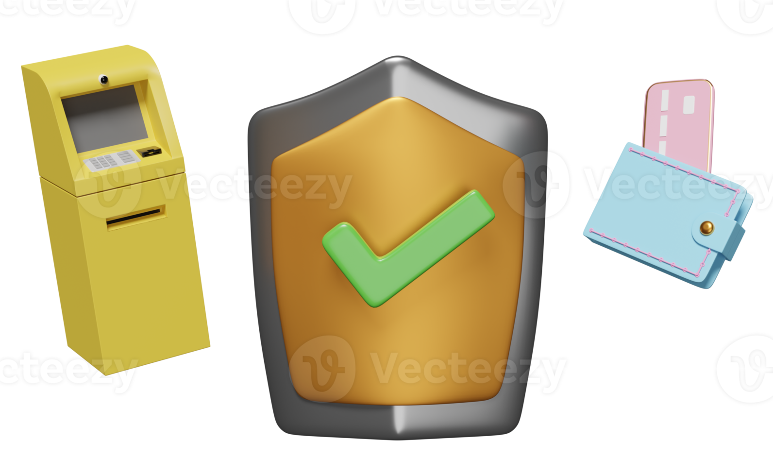 retiro de efectivo con transacción de cajero automático amarillo, marca de verificación, tarjeta de crédito, billetera, escudo aislado. ilustración 3d, renderizado 3d png