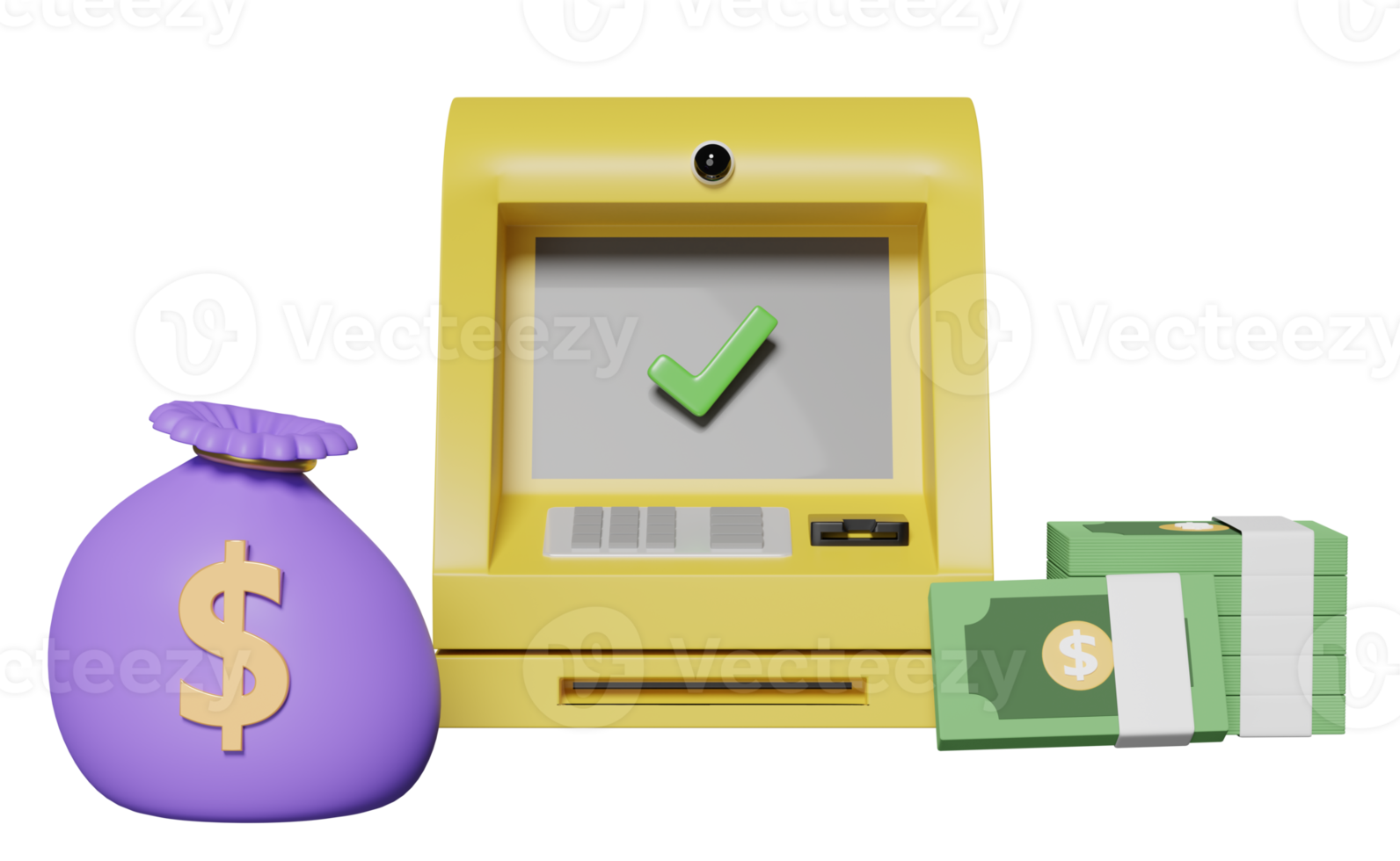 withdrawal cash with yellow atm machine transaction, banknote, money bag, check mark isolated. 3d illustration, 3d render png