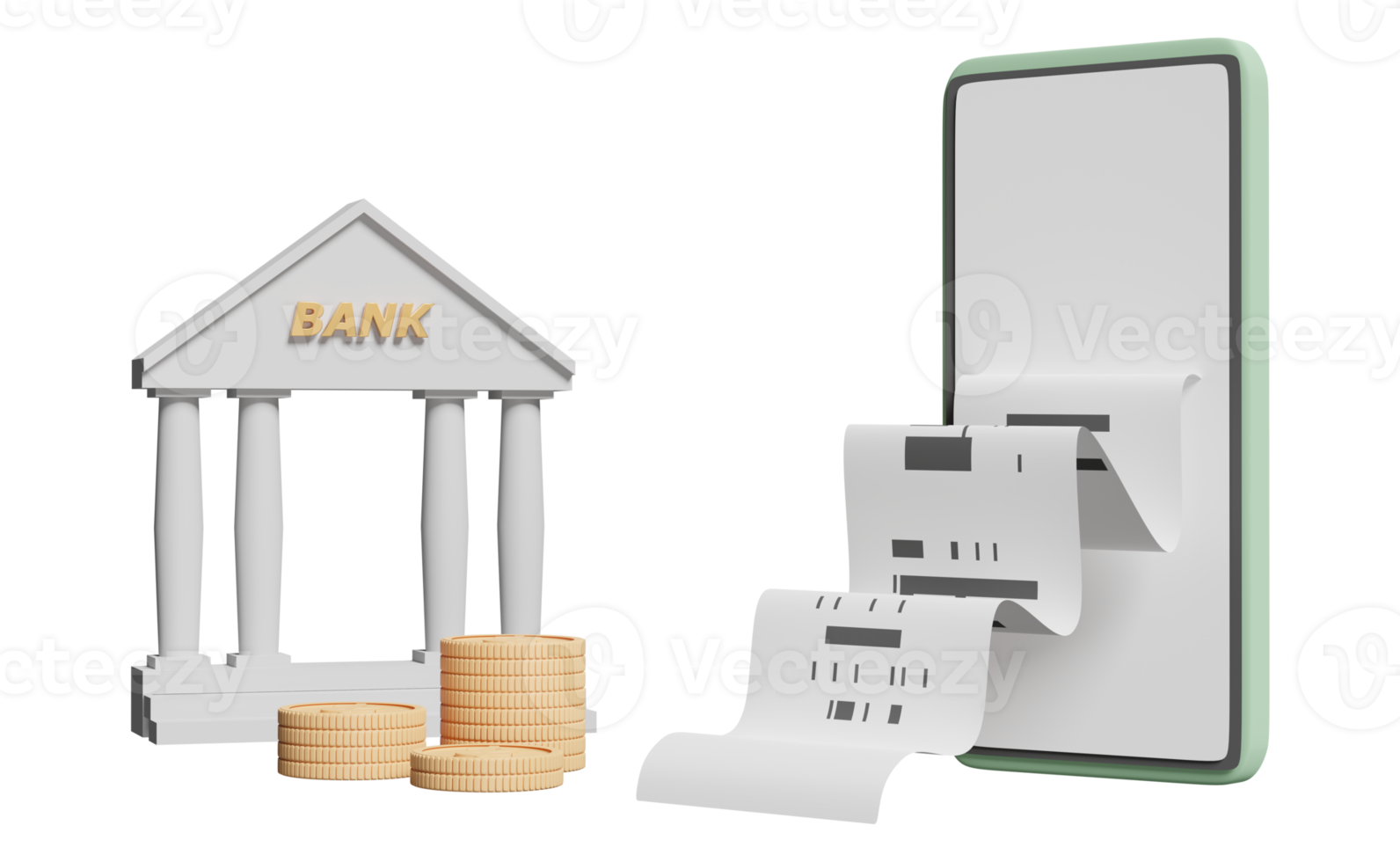 teléfono móvil, teléfono inteligente con monedas, banco o edificio de oficinas de impuestos, factura, recibo en papel, pago electrónico de facturas aislado. concepto de ahorro de dinero, ilustración 3d, presentación 3d png