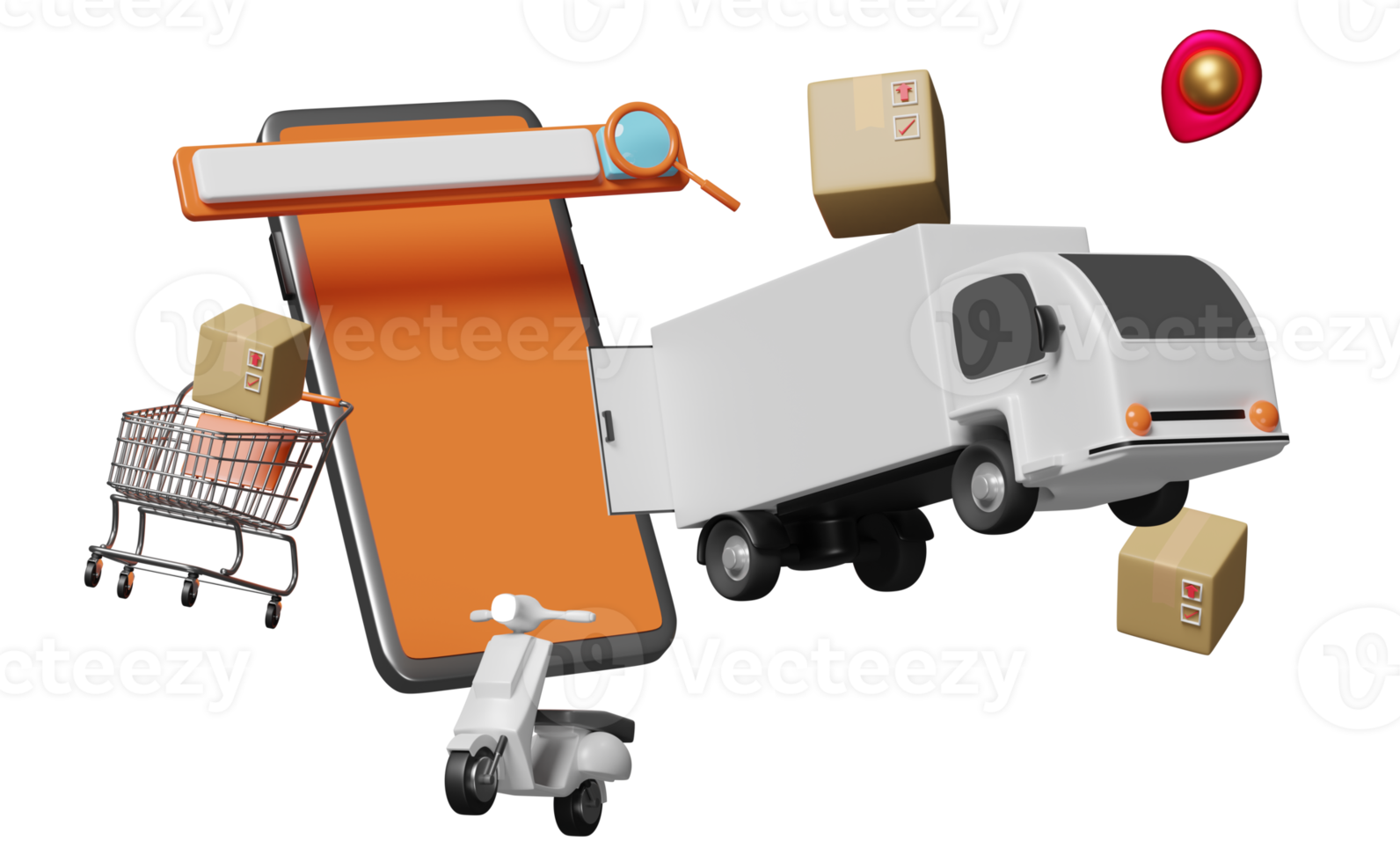 mobiel telefoon, smartphone met zoeken bar, vergroten, boodschappen doen kar, scooter, vrachtwagen, pin geïsoleerd. online levering, online bestellen volgen, zoeken gegevens concept, 3d illustratie of 3d geven png