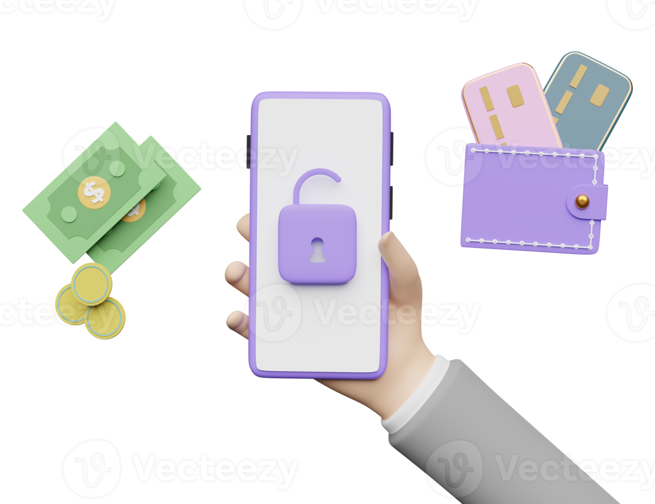 businessman hand hold mobile phone, smartphone with unlock, banknote, credit card isolated. Internet security, privacy protection, ransomware protect concept, 3d illustration, 3d render png