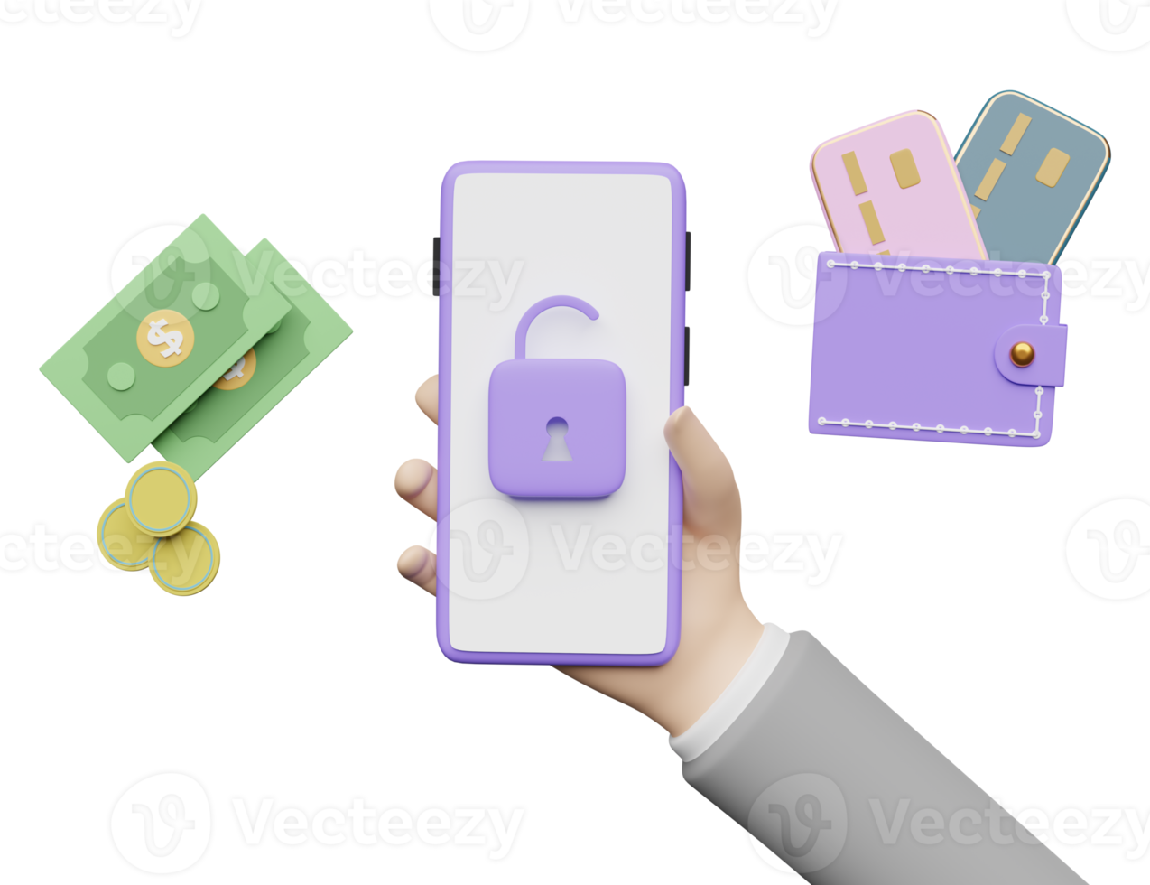 Geschäftsmann Hand halten Handy, Smartphone mit Entsperrung, Banknote, Kreditkarte isoliert. internetsicherheit, datenschutz, ransomware-schutzkonzept, 3d-illustration, 3d-rendering png