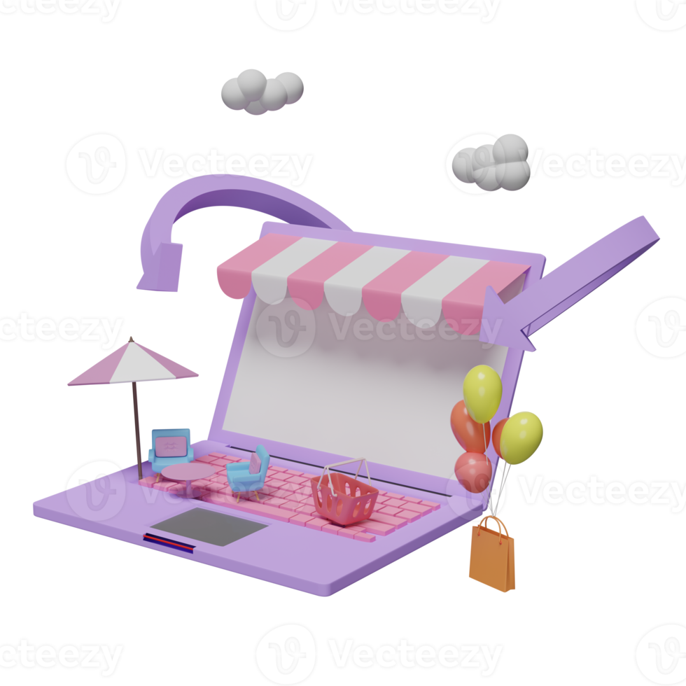 laptop computer with store front, shopping cart, paper bags, arrow, cloud, coffee table, umbrella, chair isolated on pink. online shopping concept, 3d illustration or 3d render png