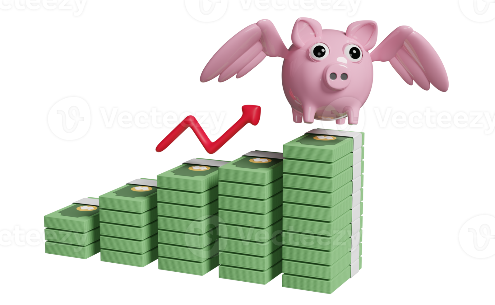 3d arrow graph with pile dollar banknote, piggy bank, wings isolated. financial success and growth or saving money concept, 3d render illustration png
