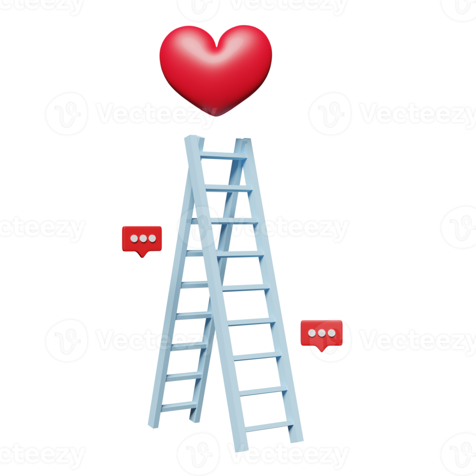 blue ladder or stepladder with red heart isolated. health love or world heart day, valentine's day concept, minimal abstract, 3d illustration or 3d render png