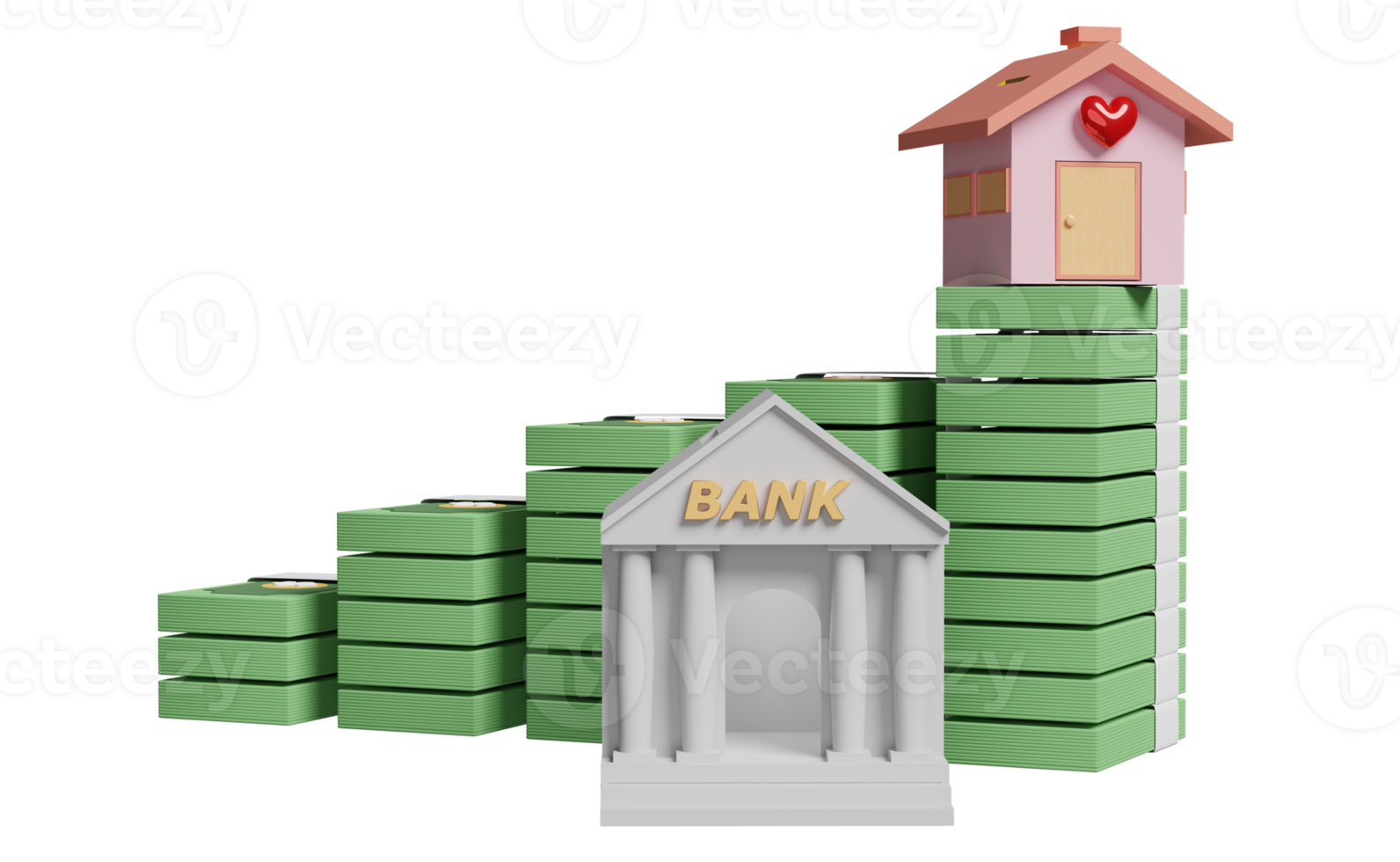 Bank eller beskatta kontor byggnad med lugg dollar sedel, hus isolerat. företag strategi, tillväxt begrepp, 3d illustration, 3d framställa png