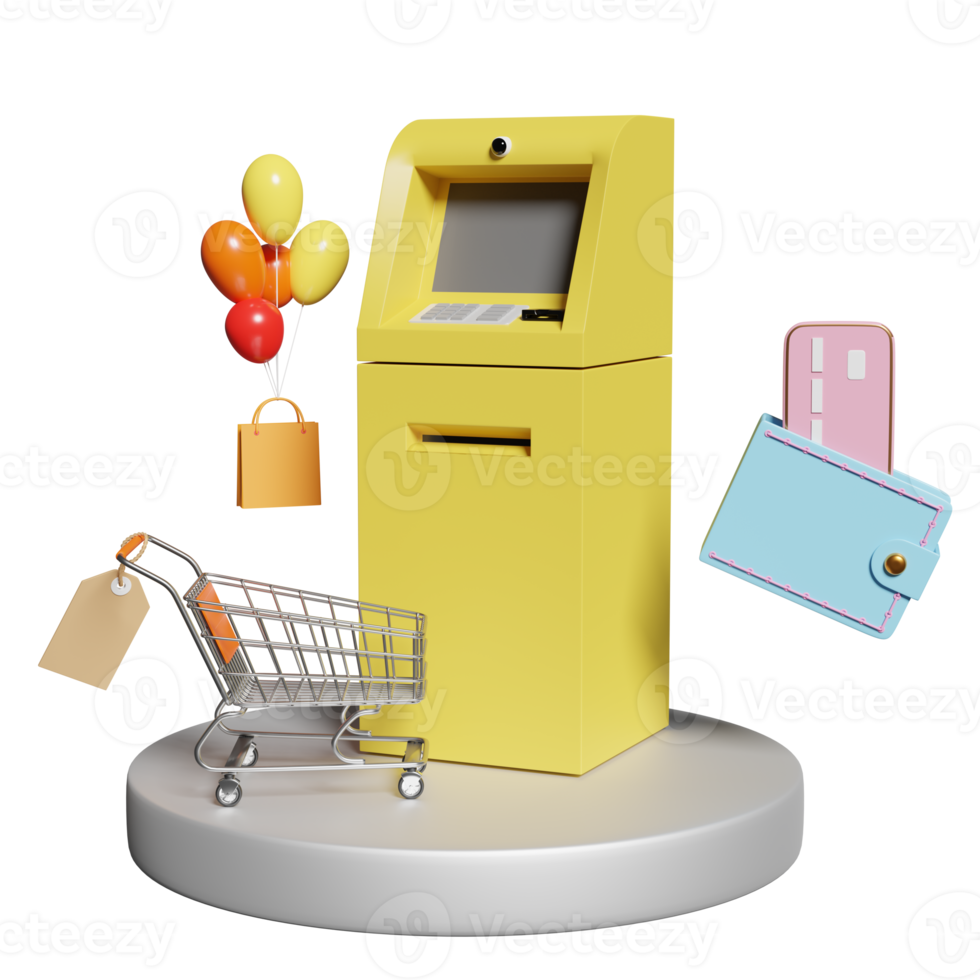 withdrawal cash with yellow atm machine transaction, shopping cart, price tags, credit card, wallet, bag, stage podium isolated. 3d illustration, 3d render png