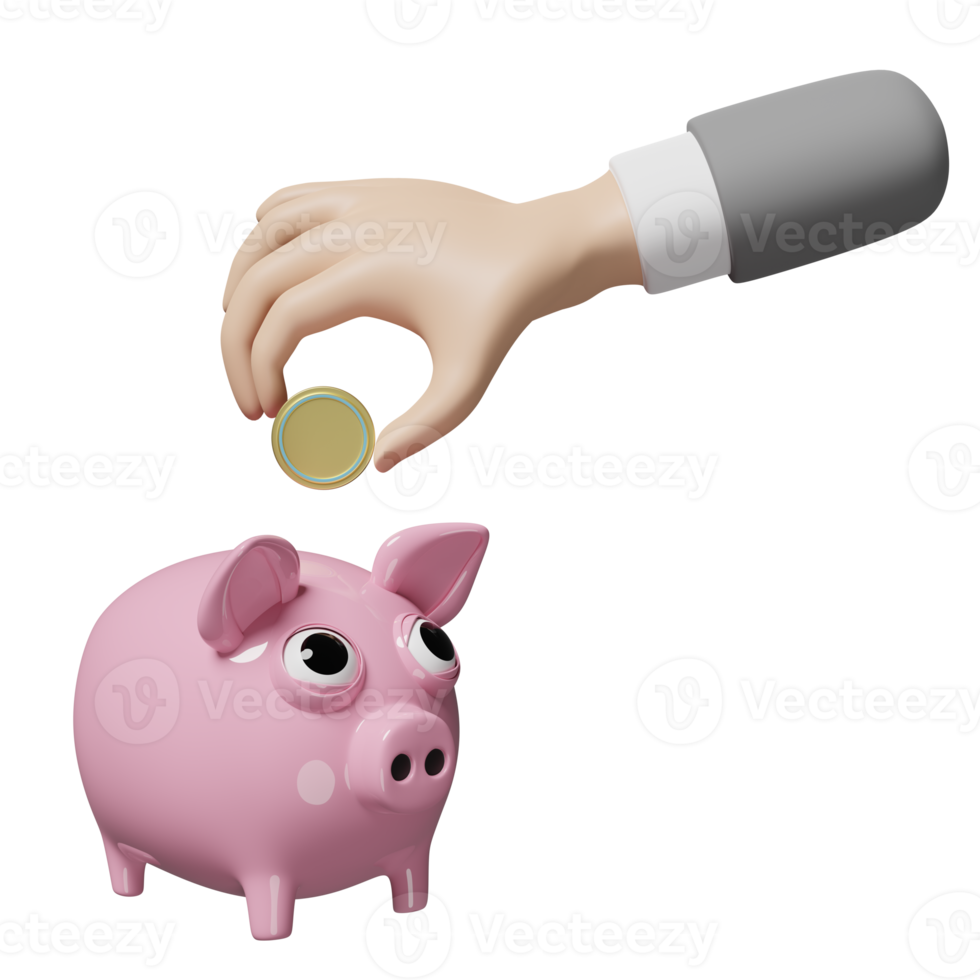 3d businessman hands holding coin with pink piggy bank isolated. saving money concept, 3d render illustration png