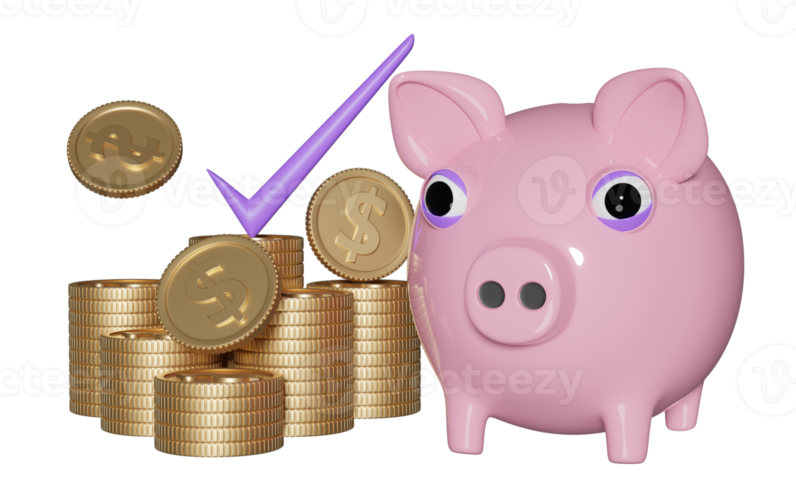 pink piggy bank with coins, check  isolated. saving money concept, 3d illustration or 3d render png