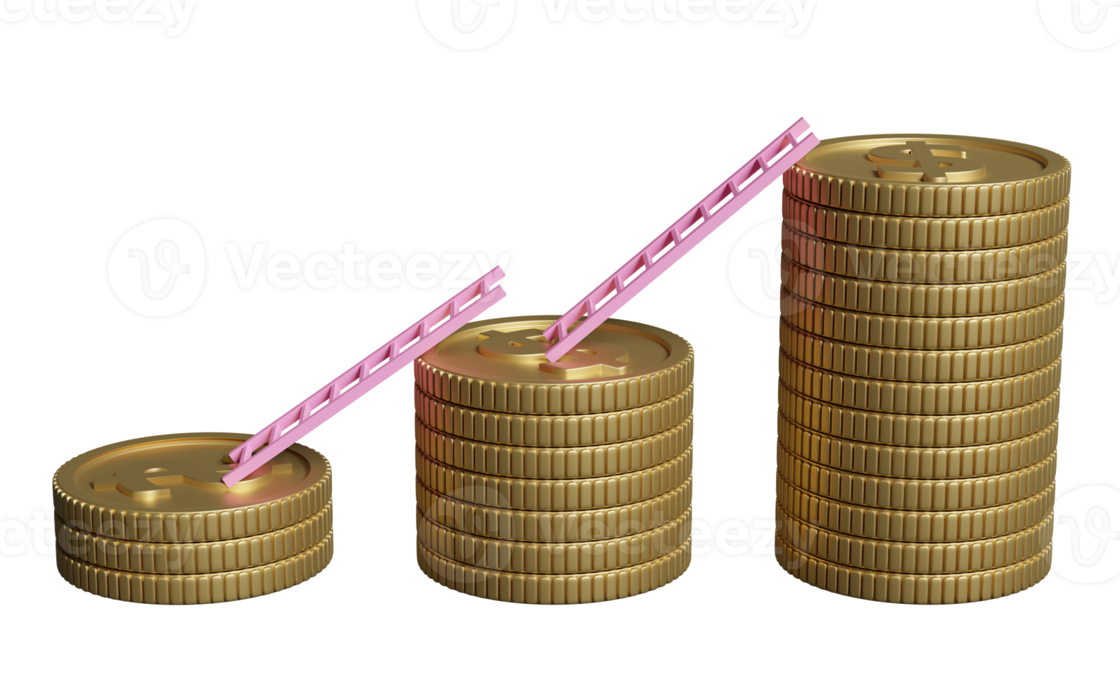 Gold dollar coins stacks with stairs isolated. financial success and growth or saving money concept, 3d illustration, 3d render png