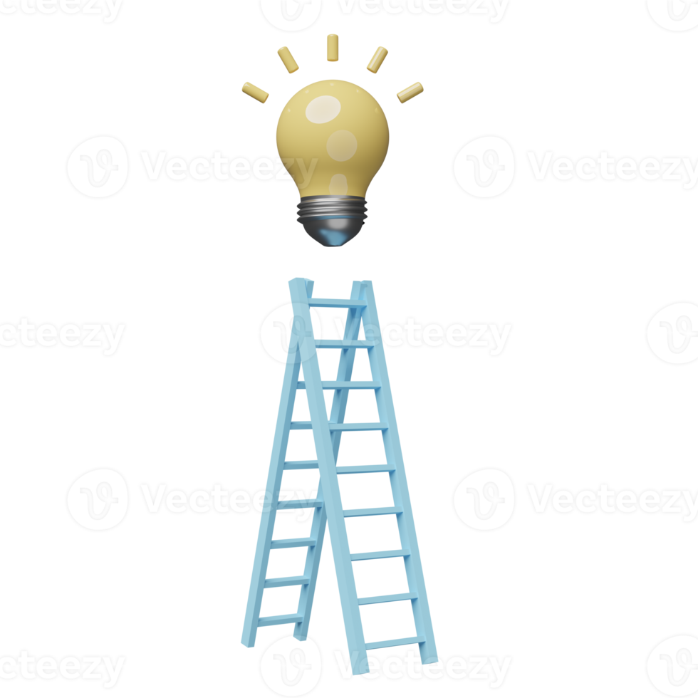 blue ladder or stepladder with yellow light bulb isolated. idea tip concept, minimal abstract, 3d illustration or 3d render png